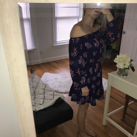 Off the shoulder navy and floral dress - Picture 2 of 3